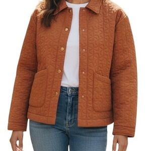 Newin Quilted Snap Front Jacket Rust Orange Geometric Pattern Long‎ Sleeve